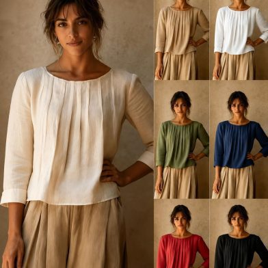 Womens Cotton-linen Top Loose-fit Round-neck Shirt