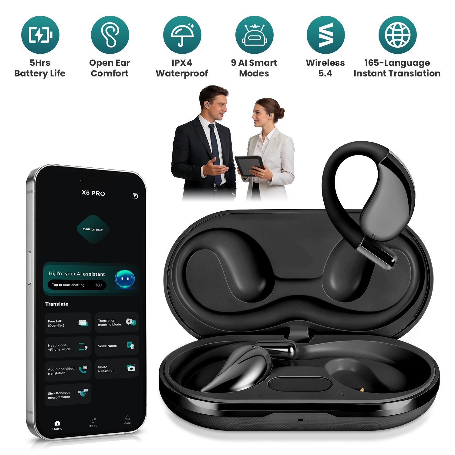 Open-Ear AI Translation Earbuds 165-Language Real-Time AI Headphone Wireless 5.4 Translating Earbuds With Charging Case For Travel Meetings Language Learning