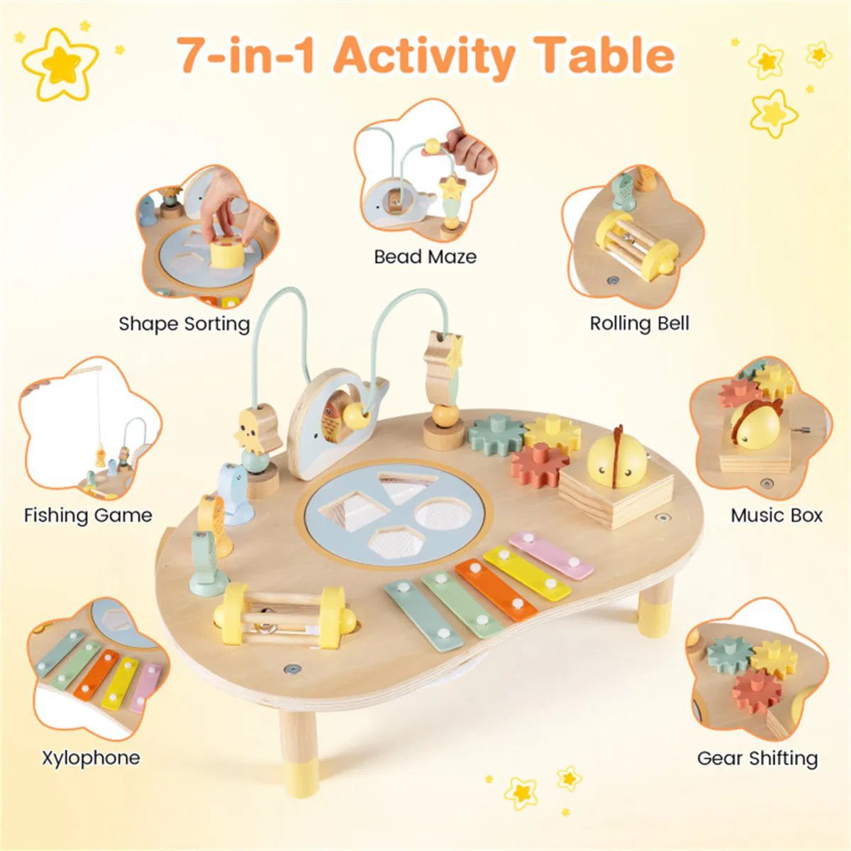 7-in-1 Wooden Baby Activity Table 12M+ Sensory Play Table with Music & Shape Sorting - Image 4