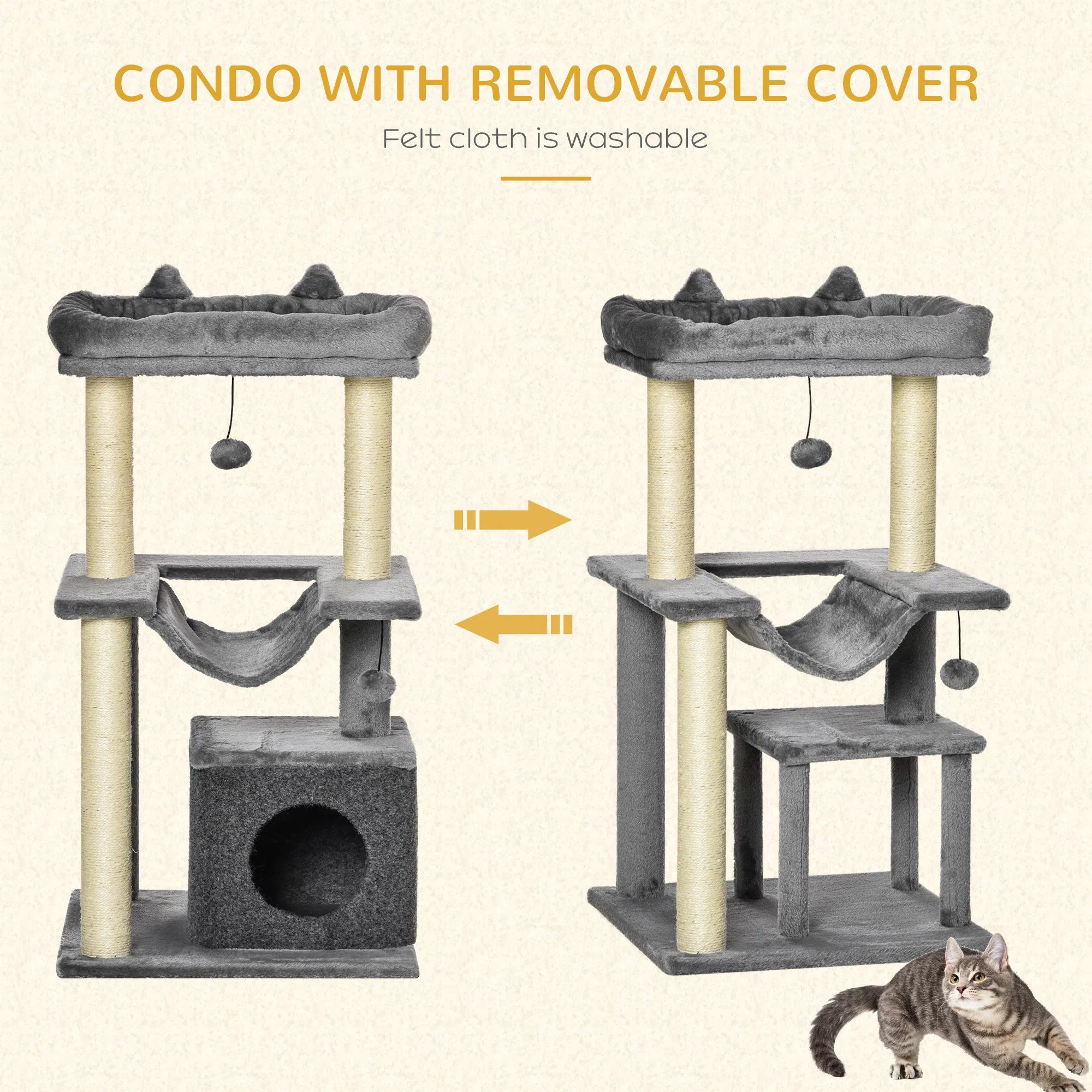 39.25'' Cat Tree Tower Multi-Level Kitten House with Scratching Post Condo Hammock Bed Ball Toy - Gray - Image 5