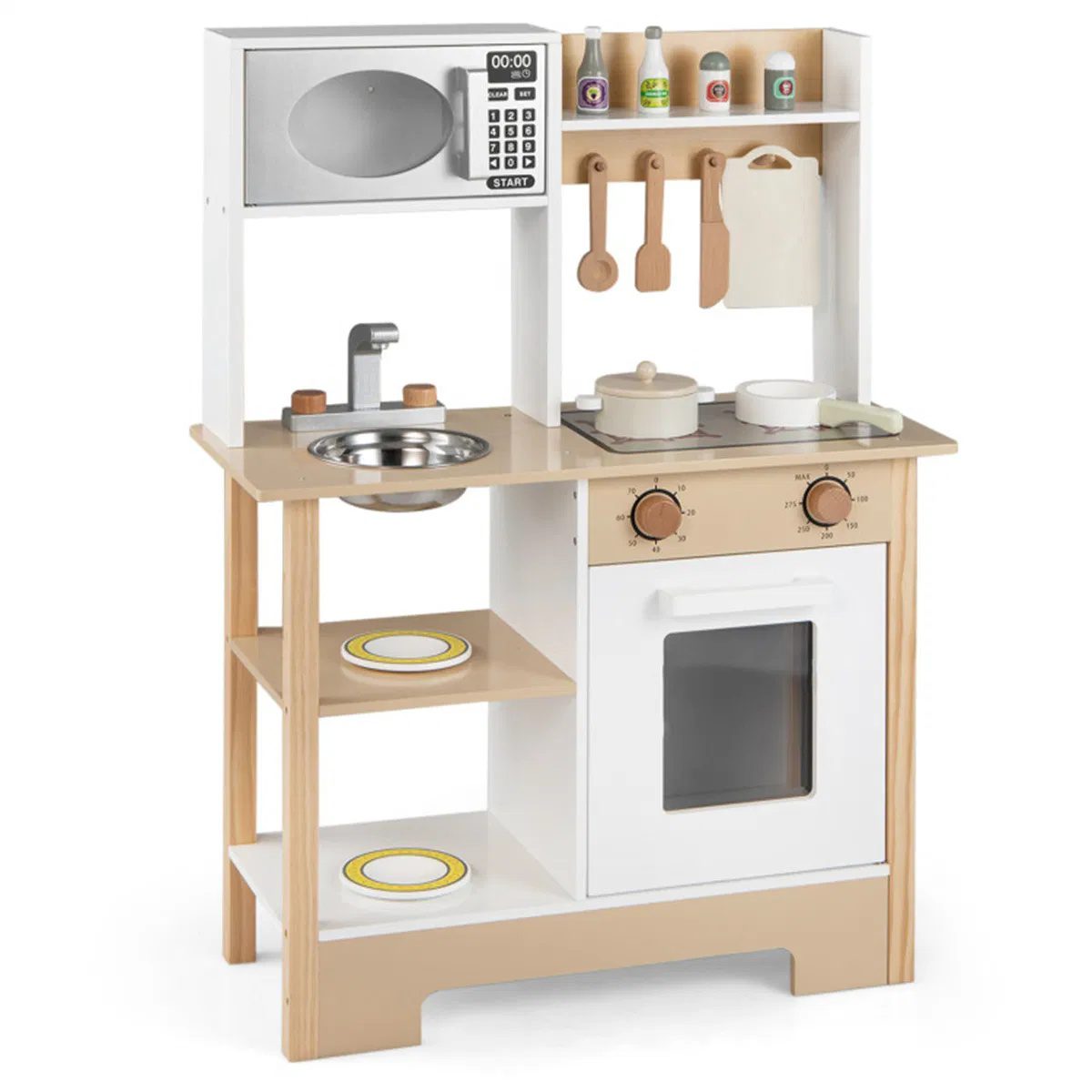 Kids Wooden Play Kitchen with 13 Accessories, Pretend Cooking Set with Chalkboard for 3+, White + Natural - Image 2