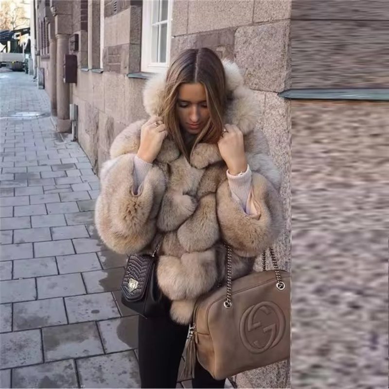 Women's Minimalist Hooded Patchwork Fur Grass Jacket - Image 7