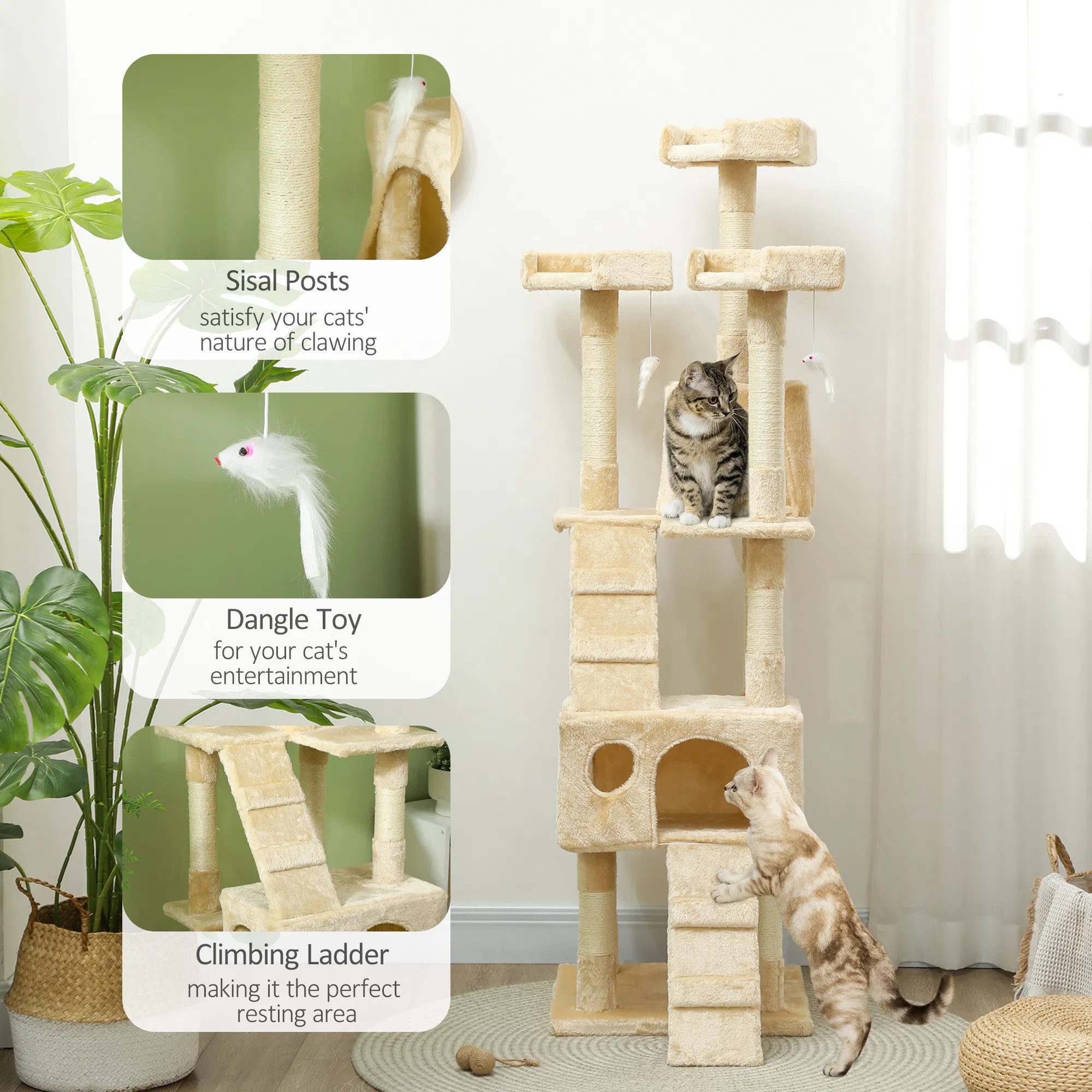 68-inch Multi-Level Cat Scratching Tree Kitty Activity Center Post Tower Condo Pet Furniture w/ Toy Beige - Image 4