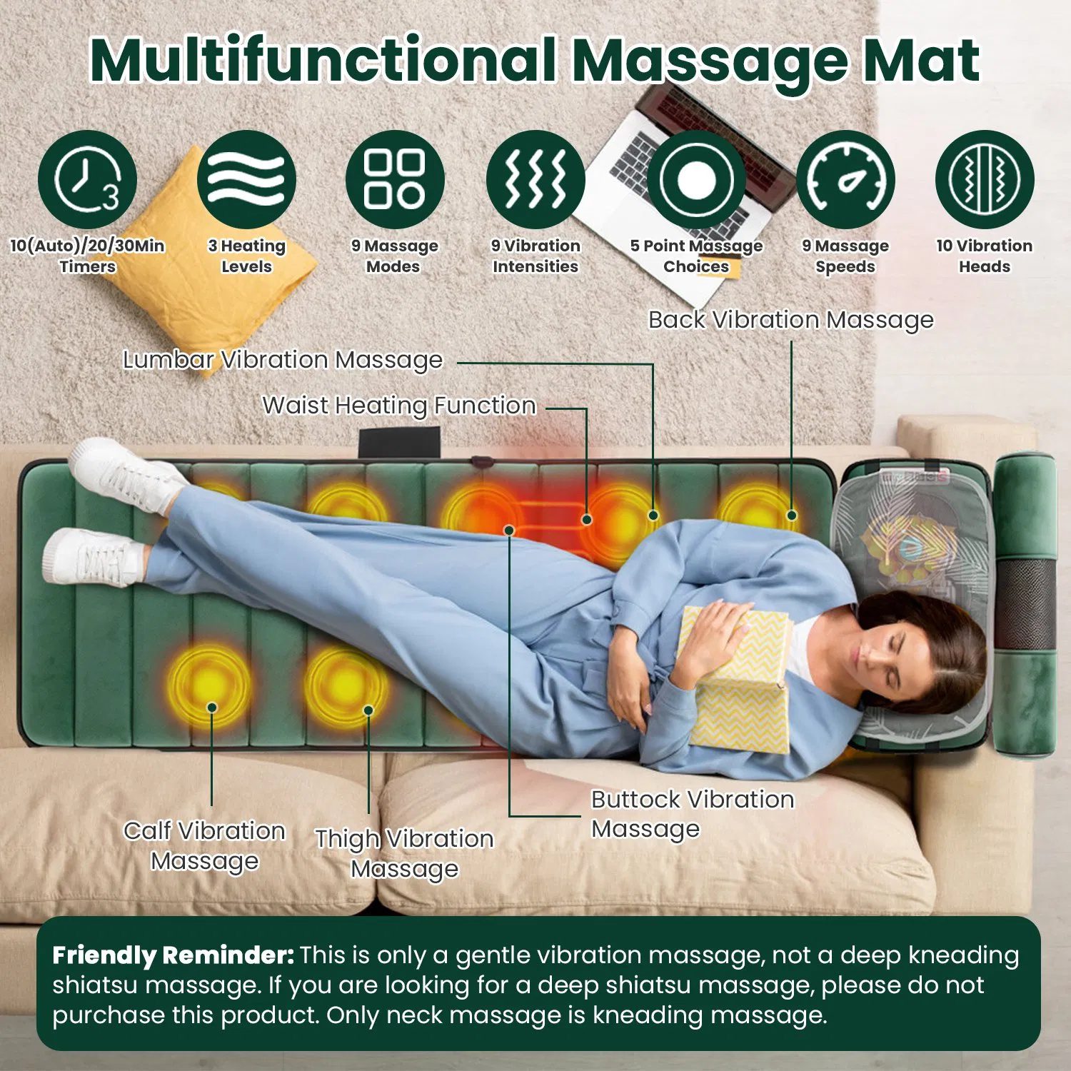 Full Body Massage Pad with Separable Shiatsu Neck & Foot Massagers, Adjustable Inflatable Waist Pillow 3 Heat Levels Custom Vibration Settings Foldable Design with Carry Bag - Image 2