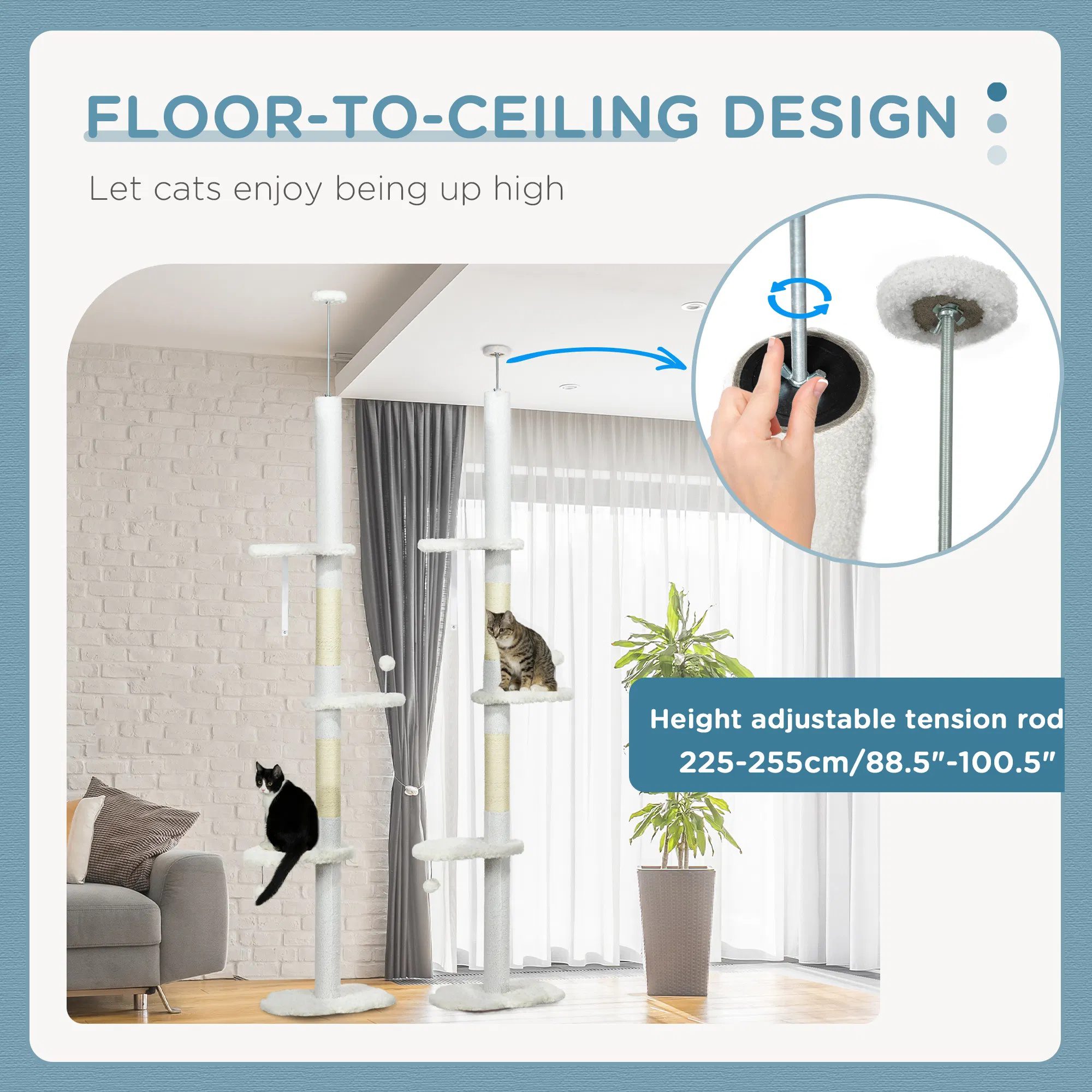 88.5"-100.5" Floor to Ceiling Cat Tree, Cat Tower with Scratching Posts, Cloud Shaped Platforms, Dangling Balls, White - Image 4