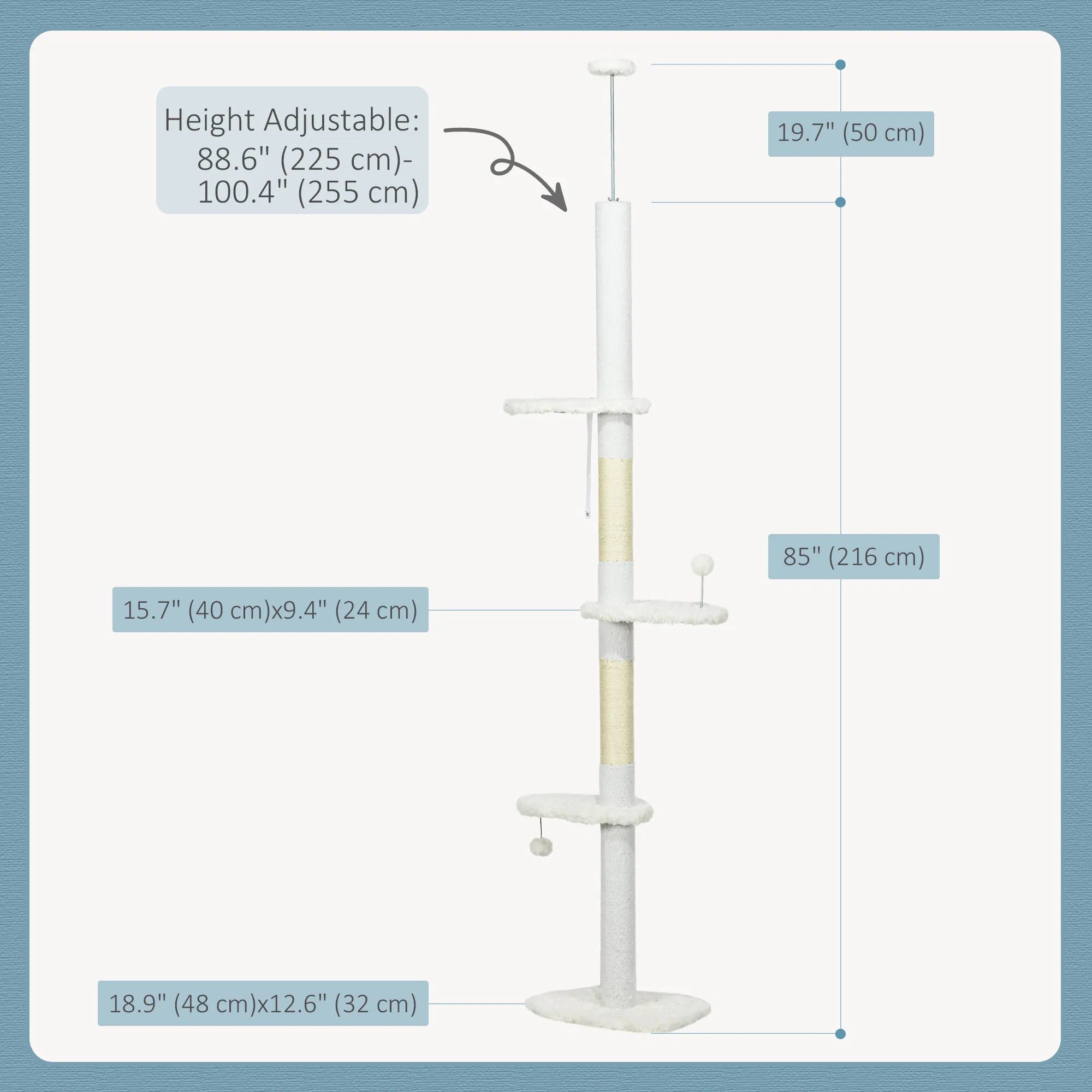 88.5"-100.5" Floor to Ceiling Cat Tree, Cat Tower with Scratching Posts, Cloud Shaped Platforms, Dangling Balls, White - Image 2