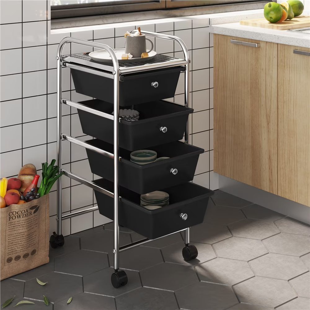 4 Drawers Metal Frame Storage Cart Rolling Bin Trolley, Black - Image 5