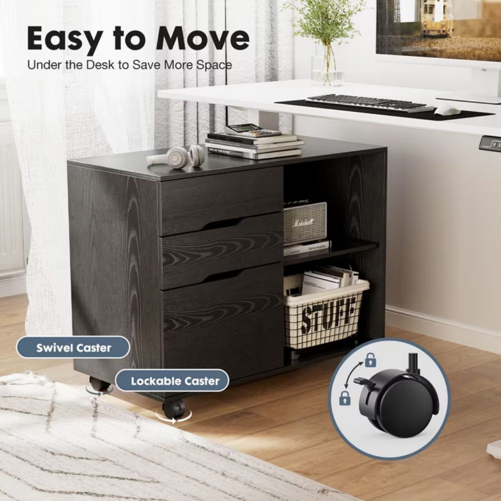 3-Drawer File Cabinet With Wheels, Rolling Wood Printer Stand With Open Storage Shelves For Home Office, Black - Image 5