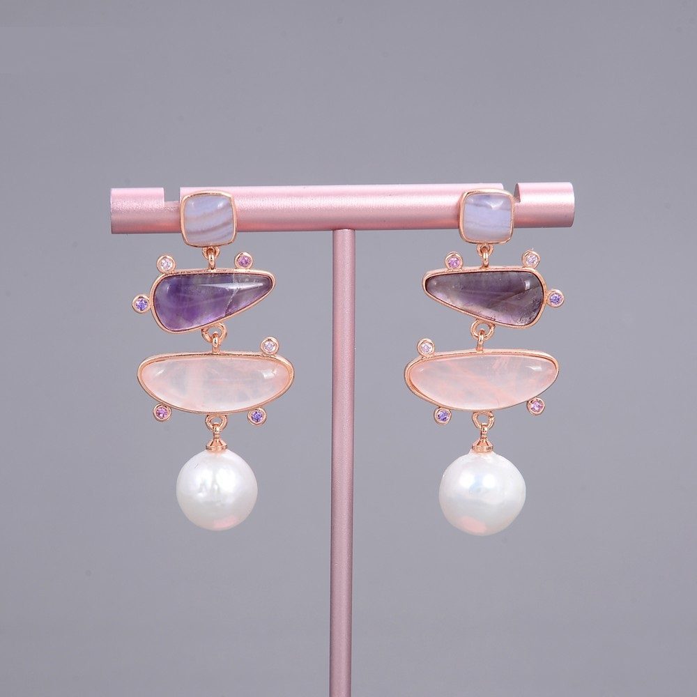 Women's Small Pendant Earrings White Pearl Blue Chalcedony Rose Quartz Amethyst - Image 5