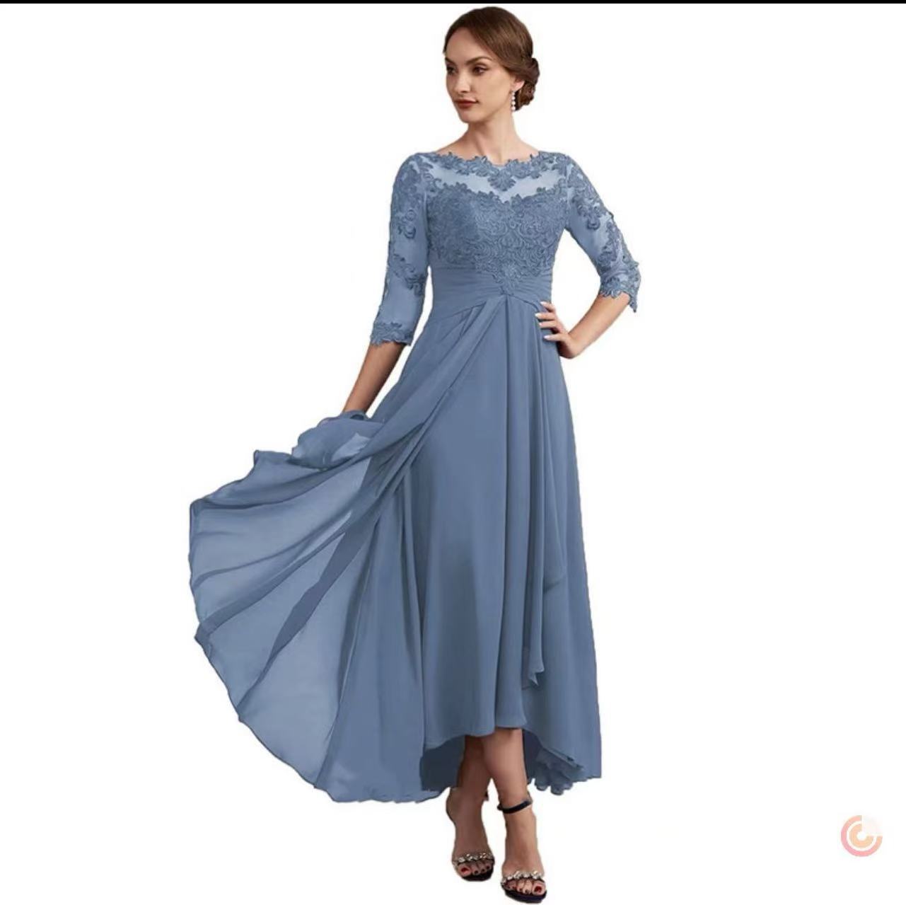 Lace Applique Chiffon Dress Mid-sleeve Mom Dress - Image 7