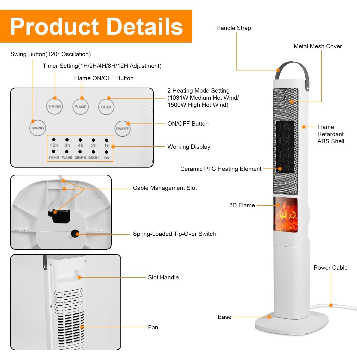 3-in-1 Quiet Space Heater - 120° Wide Coverage, 3D Fireplace Effect, Timer & Remote, Portable Indoor Heater with Multiple Protections - Image 7