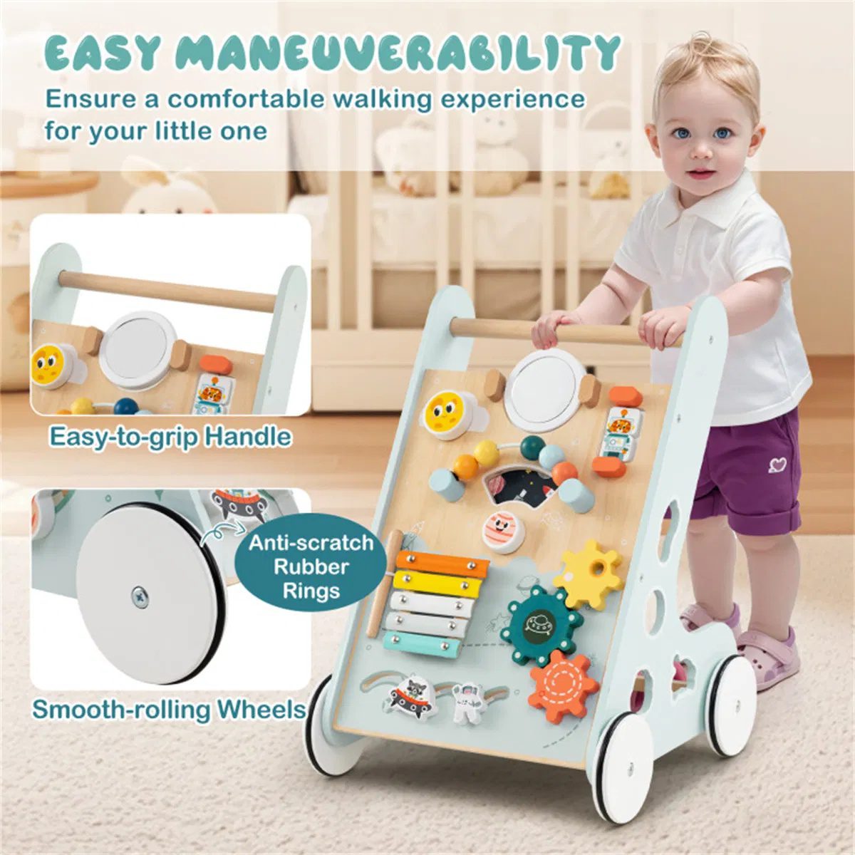 8-in-1 Wooden Baby Walker Push and Pull Learning Activity Center with Wheels for Toddlers 1+ Years Old - Image 8