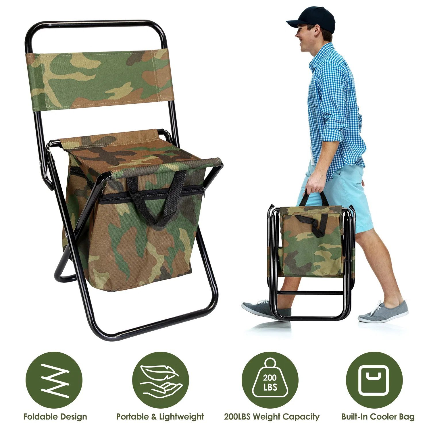 Collapsible Fishing Chair with Built-in Insulated Cooler Bag, Portable Oxford Outdoor Chair with Backrest, 200lbs Weight Capacity for Camping Concert BBQ Adventures