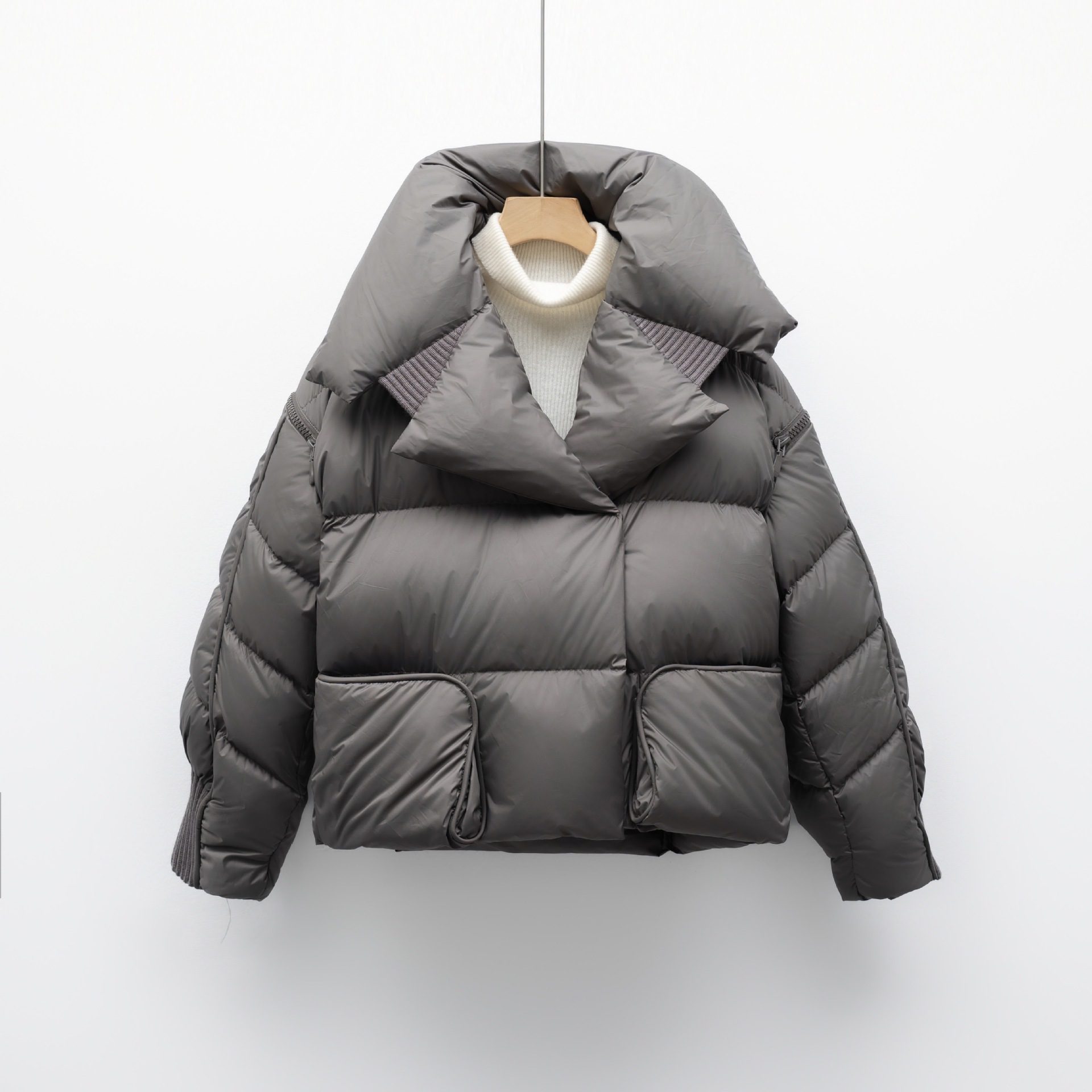 Korean-style Knitted Patchwork Large Lapel Short Down Jacket For Women - Image 6
