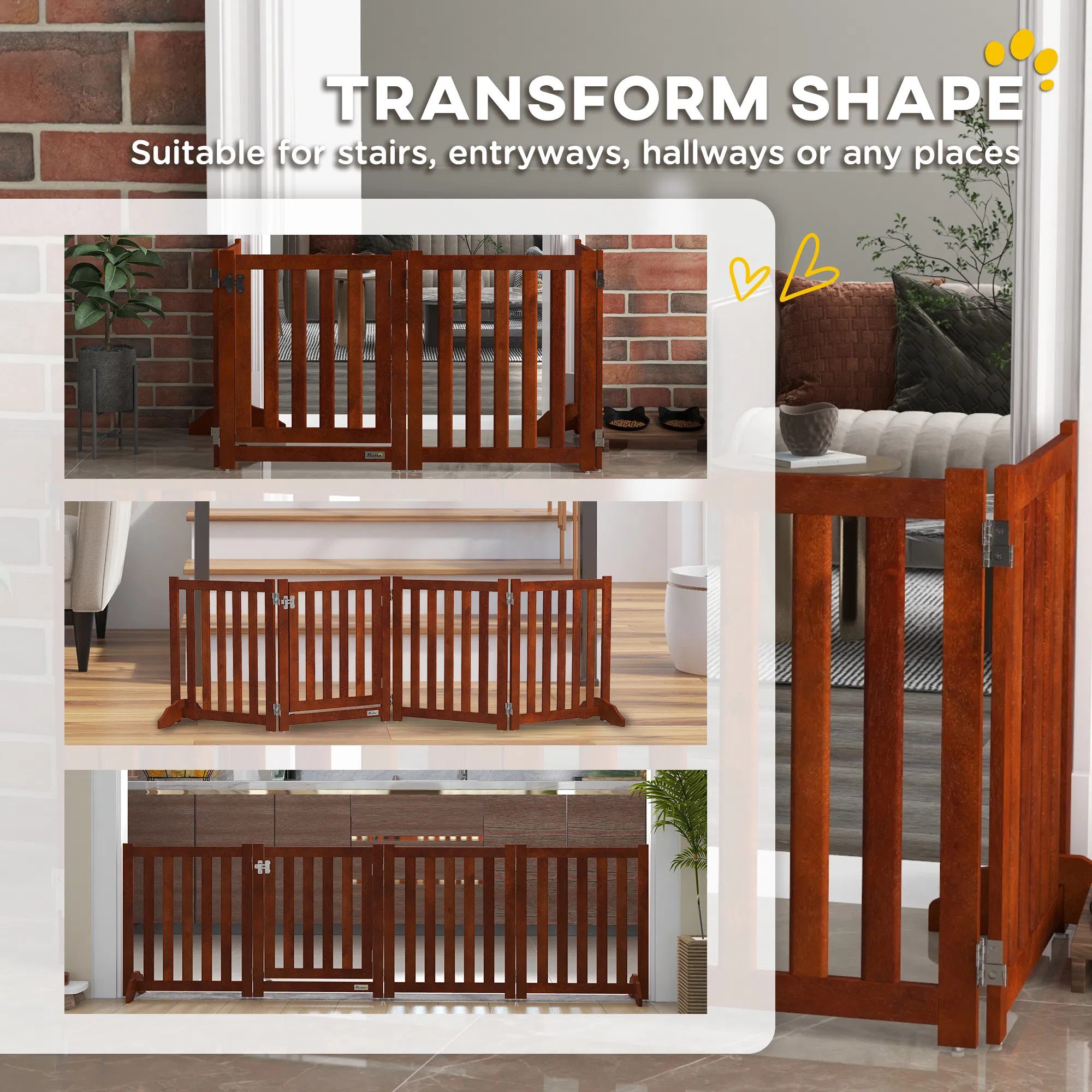 Foldable Dog Gate with Door, 4 Panels Fressstanding Pet Gate, Brown - Image 4