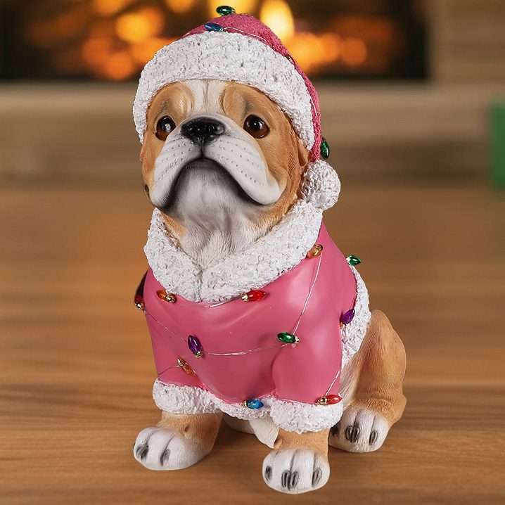 Christmas Pug Statue, Holiday Dog Figurine in Pink Santa Outfit - Image 2
