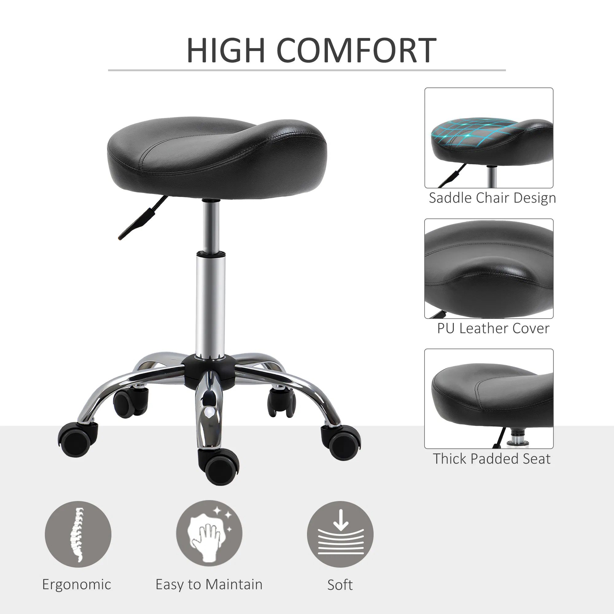 Saddle Stool Height Adjustable Rolling Salon Chair PU Leather Black for Massage Spa Clinic Beauty Tattoo - Image 4