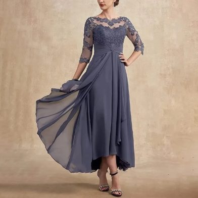 Lace Applique Chiffon Dress Mid-sleeve Mom Dress