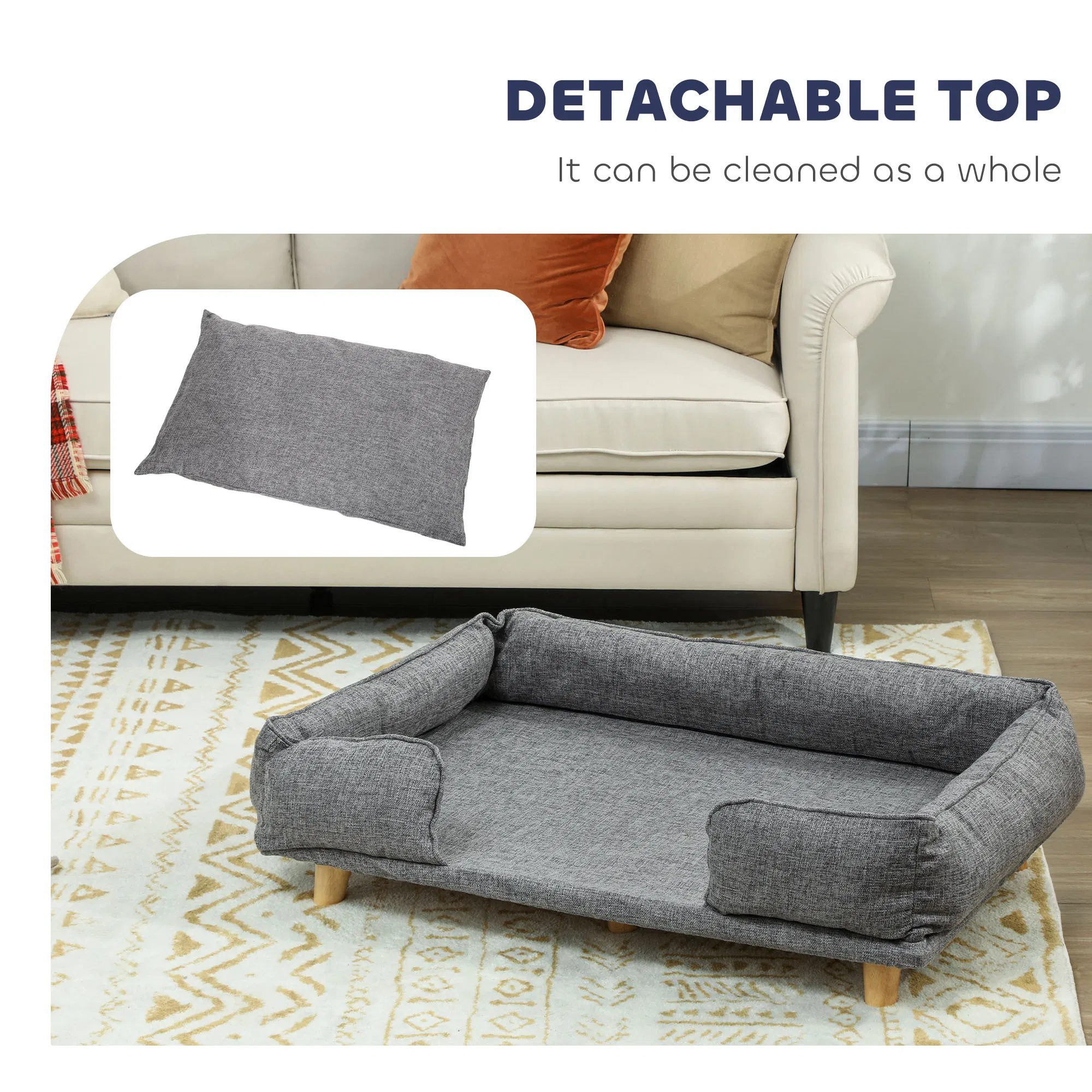 Washable Dog Sofa for Large Dogs, Elevated Pet Couch with Anti-slip Foot Pads, Dark Grey - Image 4