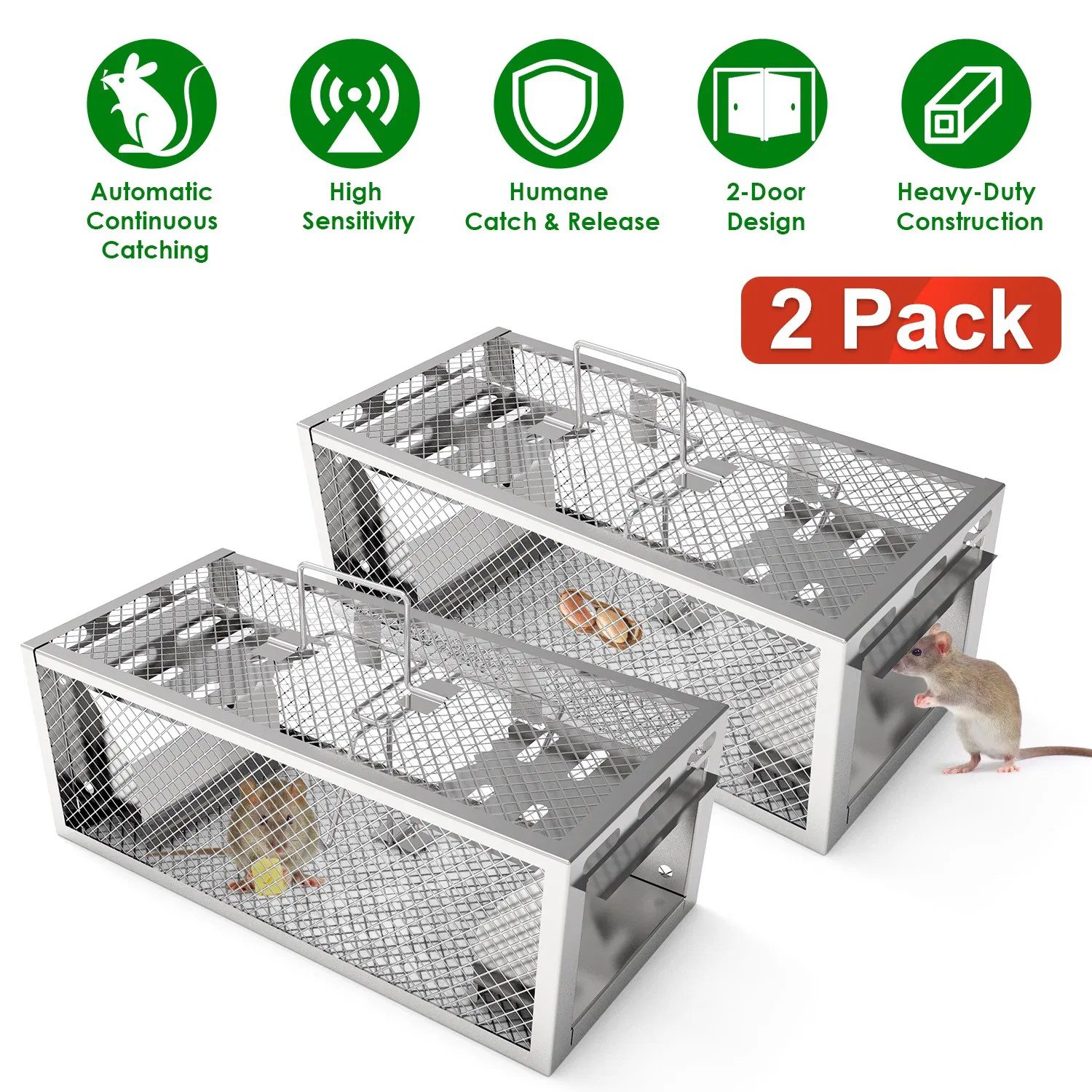 2Pcs Humane Mouse Trap Cage - Dual-Door Design for Continuous Catching, Heavy-Duty Galvanized Iron - Safe, Portable, Indoor/Outdoor Use, Quick 3-Second Setup