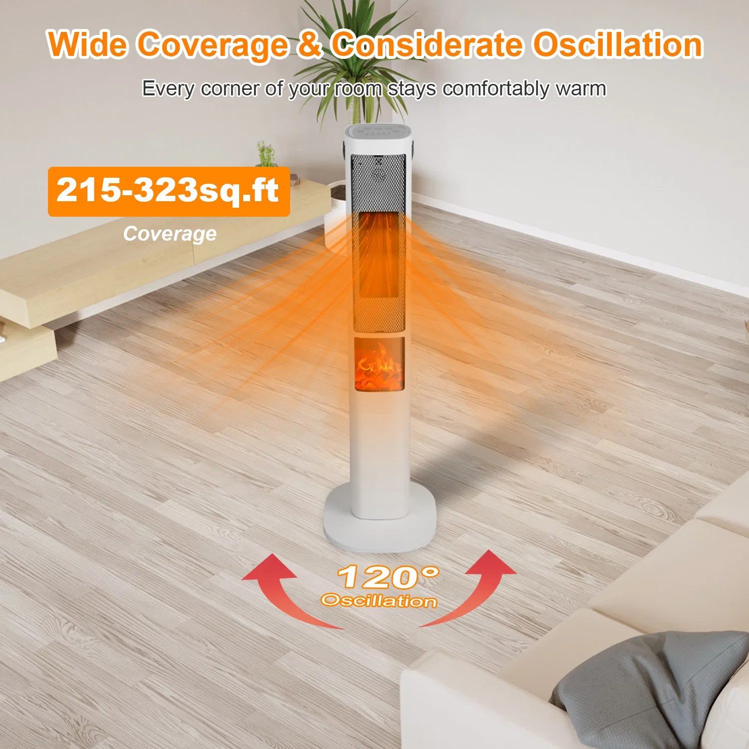 3-in-1 Quiet Space Heater - 120° Wide Coverage, 3D Fireplace Effect, Timer & Remote, Portable Indoor Heater with Multiple Protections - Image 6