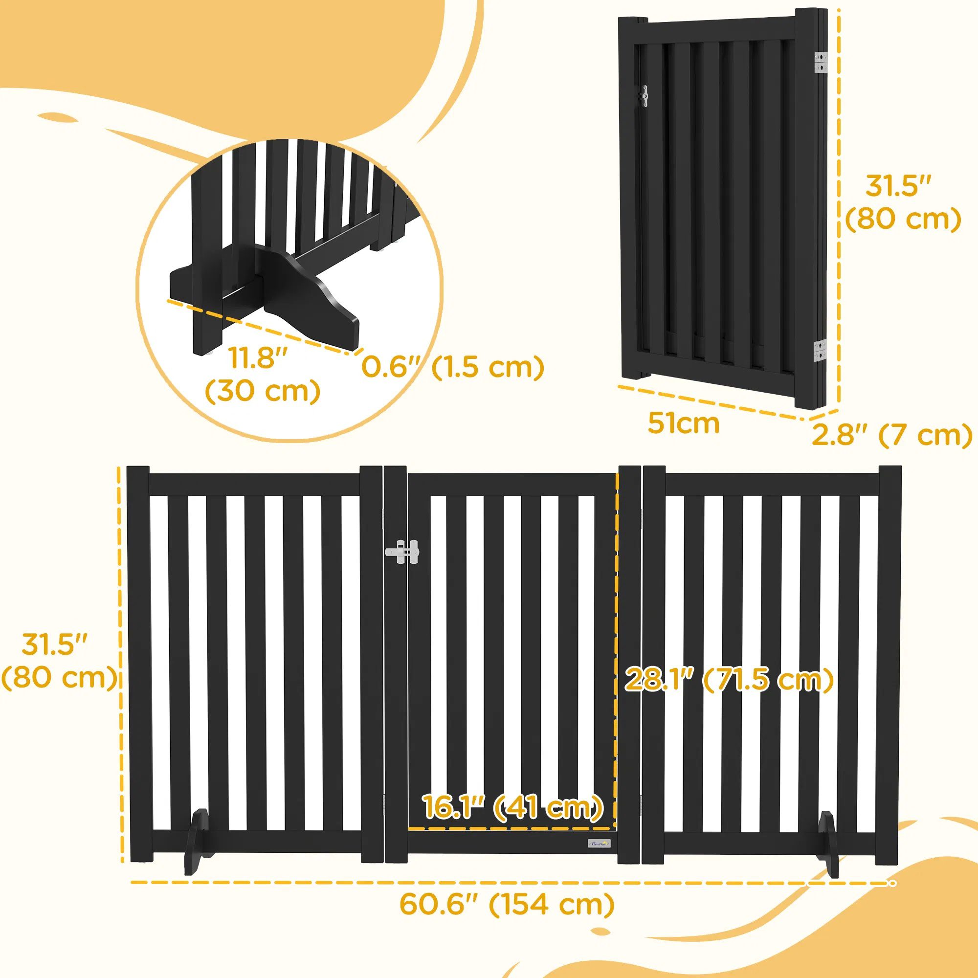 3-Panel Foldable Dog Gate with Feet for Medium Dogs and Below, Black - Image 2