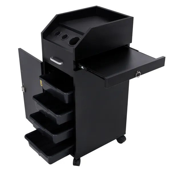 Hair Salon Storage Cart with Wheels & 3 Hair Dryer Holders & 4 Drawers & Lock & 2 Keys, Hairdressing Tools Station Mobile Makeup Case Black - Image 5