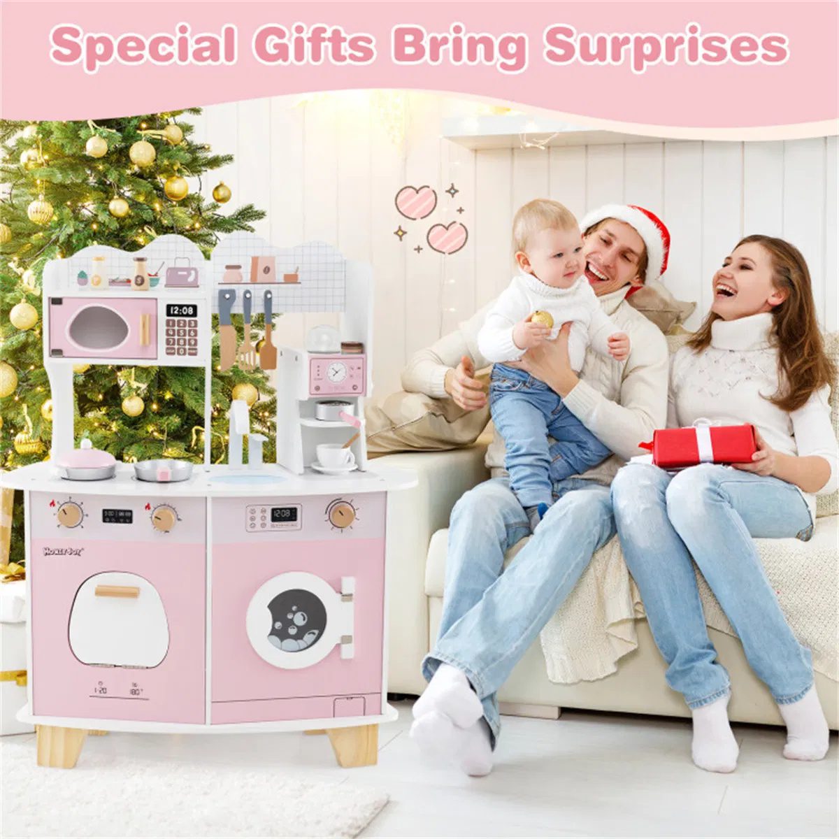Pink Kids Coffee Kitchen Playset with Microwave Oven Stove for 3+ Years Old - Image 10