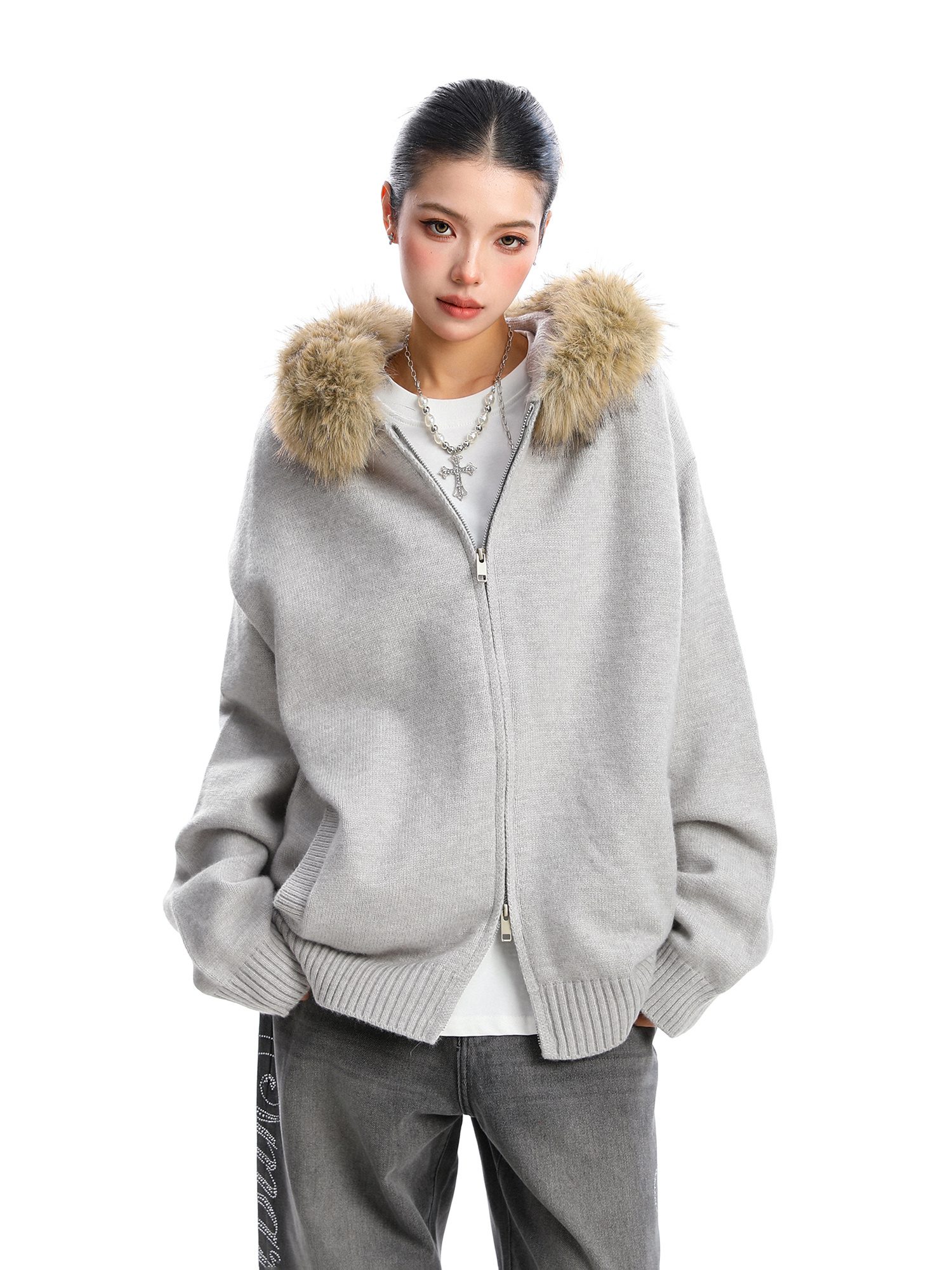 Detachable Fur Collar Hood Sweater Women's Coat - Image 2
