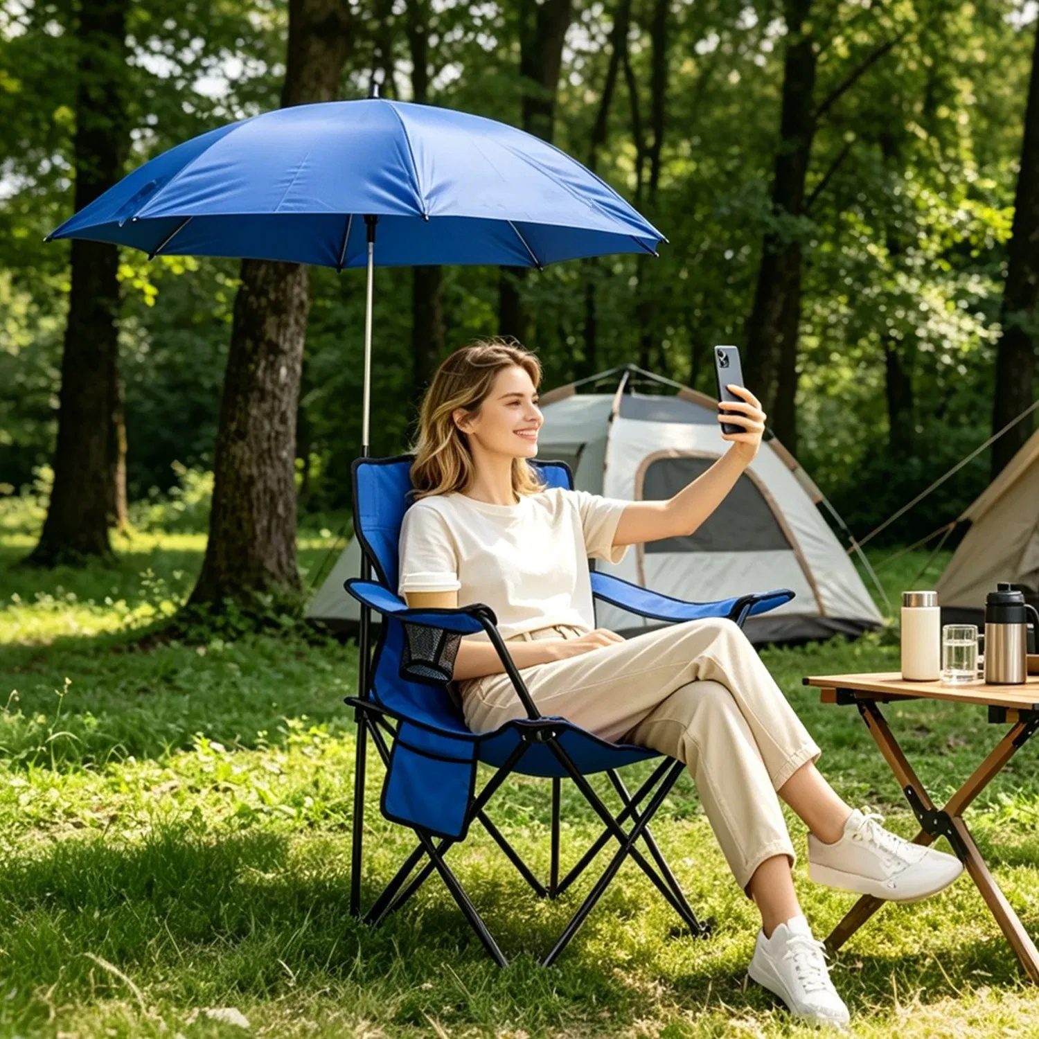 Folding Camping Chair with Detachable 8-Rib Sun Umbrella, 42.13 Inch Canopy Aluminum Alloy Portable Lawn Chair Supports 330LBS with Cup Holder - Image 2