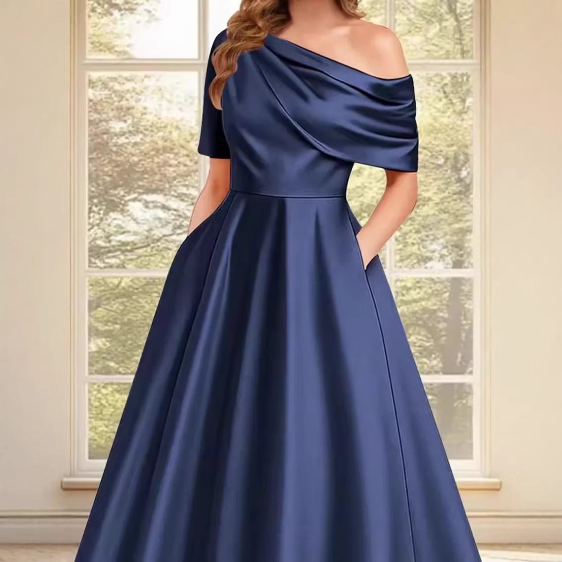 New Elegant And Sophisticated Satin Off-Shoulder Solid Color Dress - Image 2