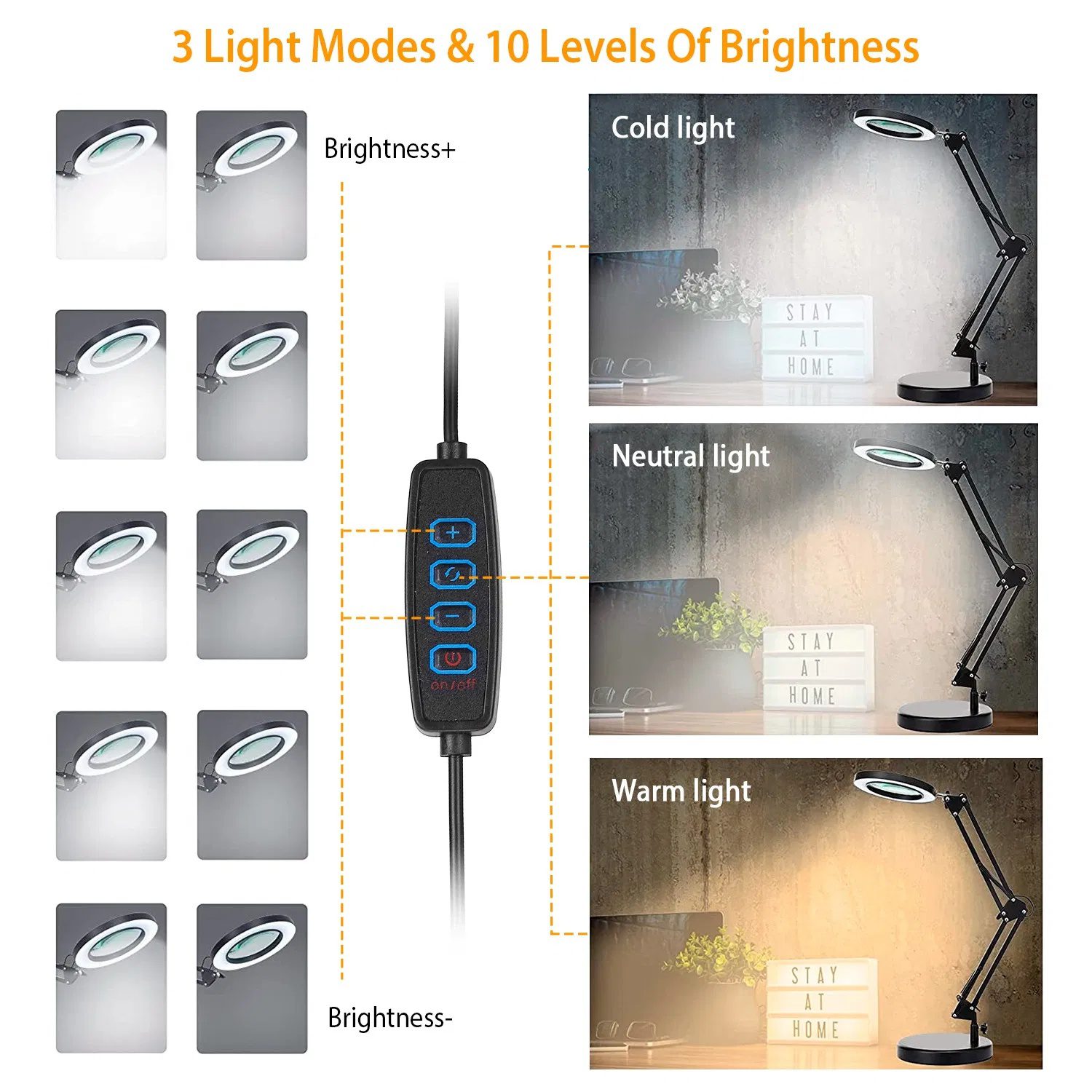 مصباح مكتب مكبر بإضاءة LED ومكبر زجاجي تكبير 8 أضعاف مع ذراع تأرجح، إضاءة طاولة ومكتب، مصباح قراءة يو إس بي - الصورة 3