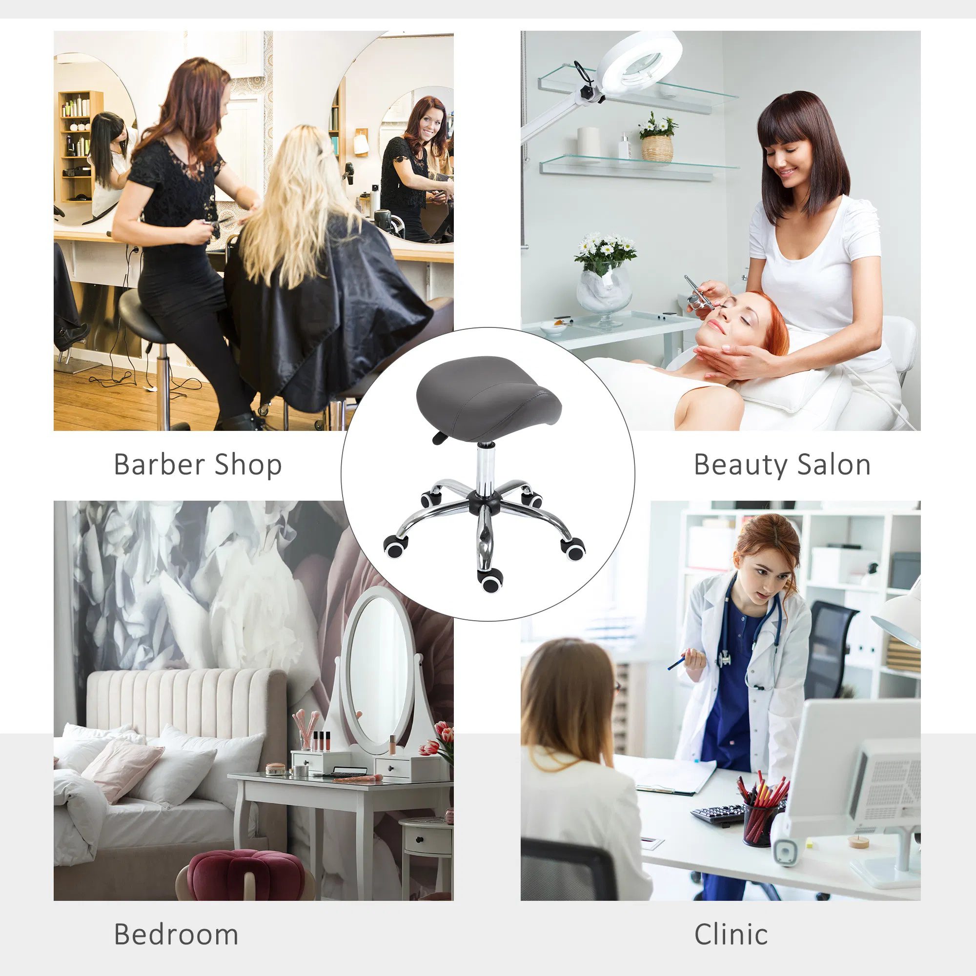 Saddle Stool Adjustable Hydraulic Rolling Beauty Salon Stool Ergonomic PU Leather Stool Round Grey - Image 4