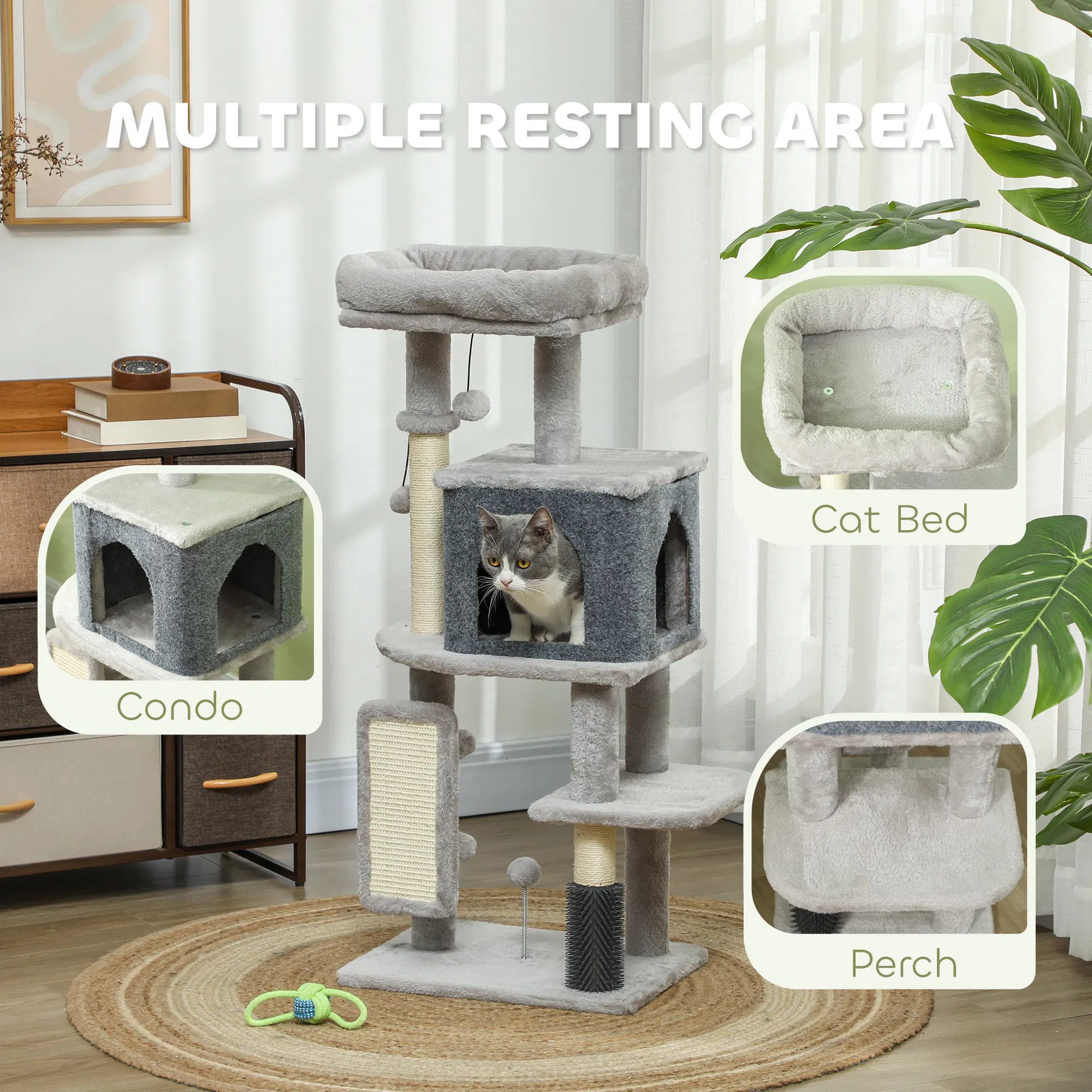41 Inch Cat Tree with Scratching Posts, Cat Bed, Condo, Grooming Brush, Jumping Platforms, Toy Balls, Anti-tip Kit - Image 3