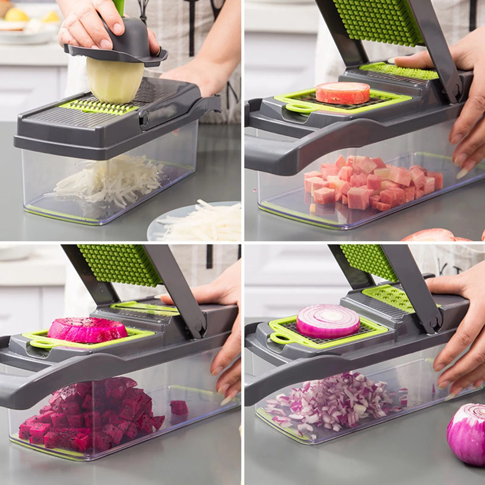 Vegetable Chopper Dicer with Container | Cheese Grater Mandoline Slicer Cabbage Shredder French Fry Cutter Stainless Steel for Veggie Onion Potato Fruit Food, Manual Hand Cooking Gadget for Kitchen - Image 4