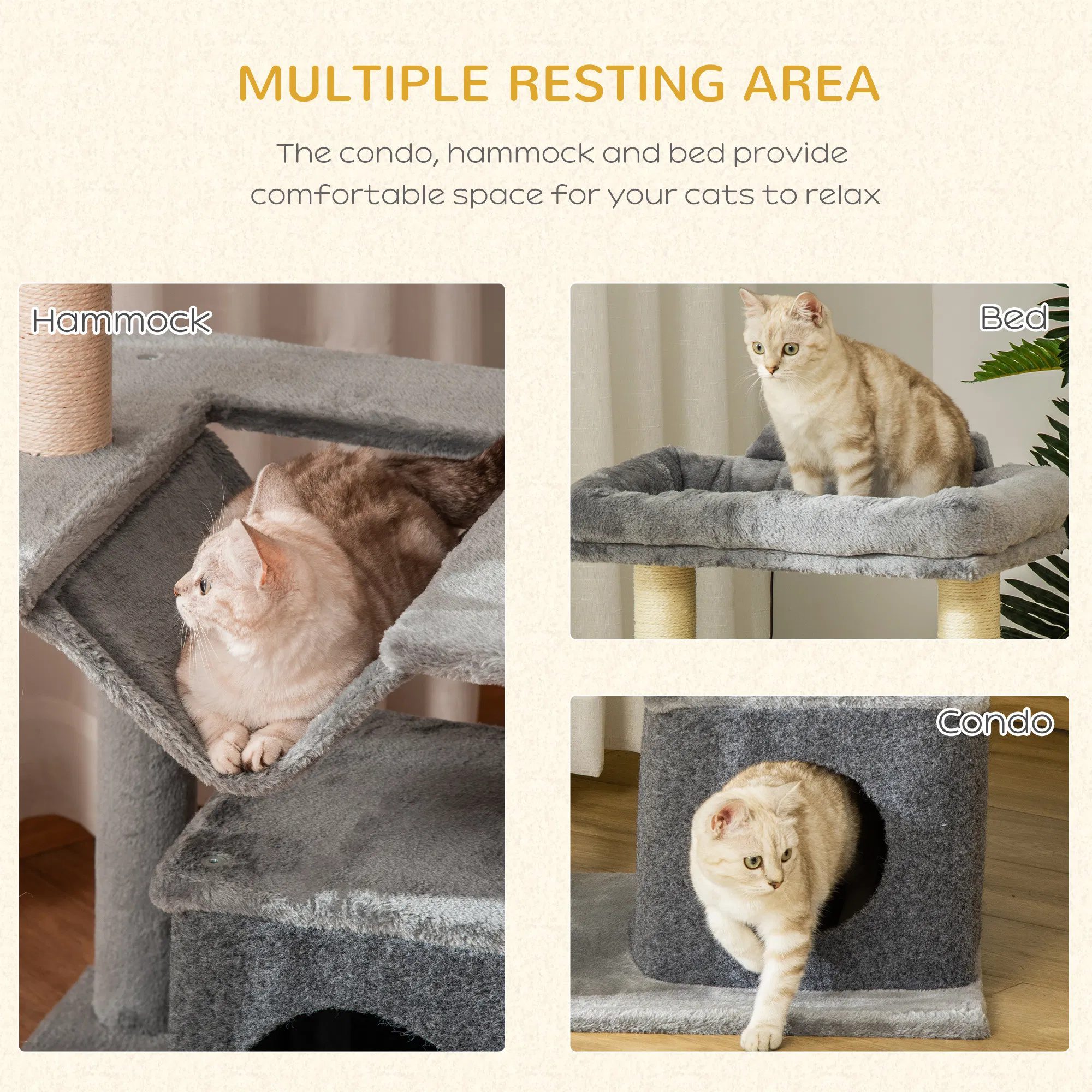 39.25'' Cat Tree Tower Multi-Level Kitten House with Scratching Post Condo Hammock Bed Ball Toy - Gray - Image 4