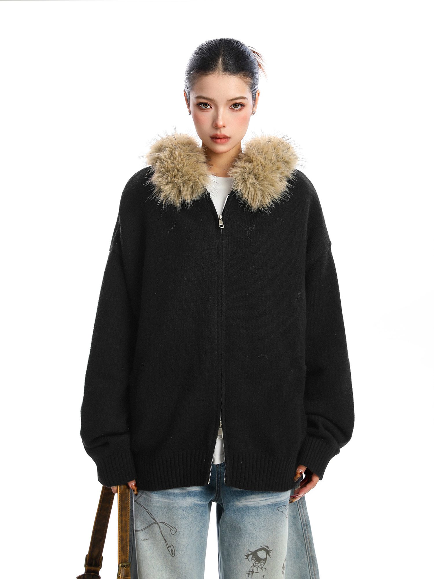 Detachable Fur Collar Hood Sweater Women's Coat - Image 6