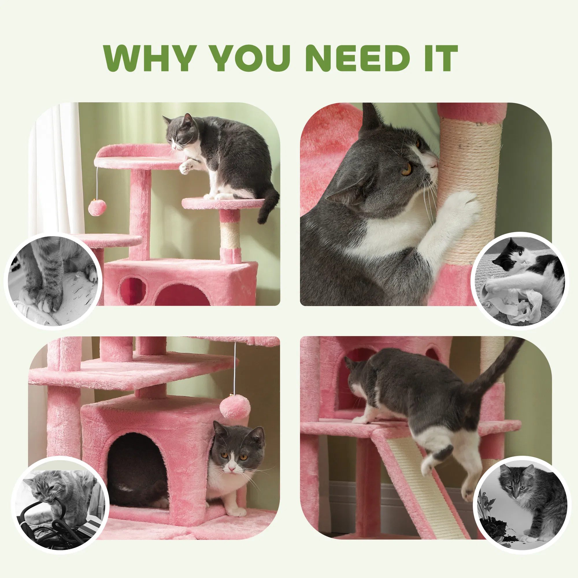 54" Cat Tree, Multi-Level Cat Tower with Scratching Posts, Cat Condos, Bed, Platforms, Ramp, Toy Ball, Pink - Image 5