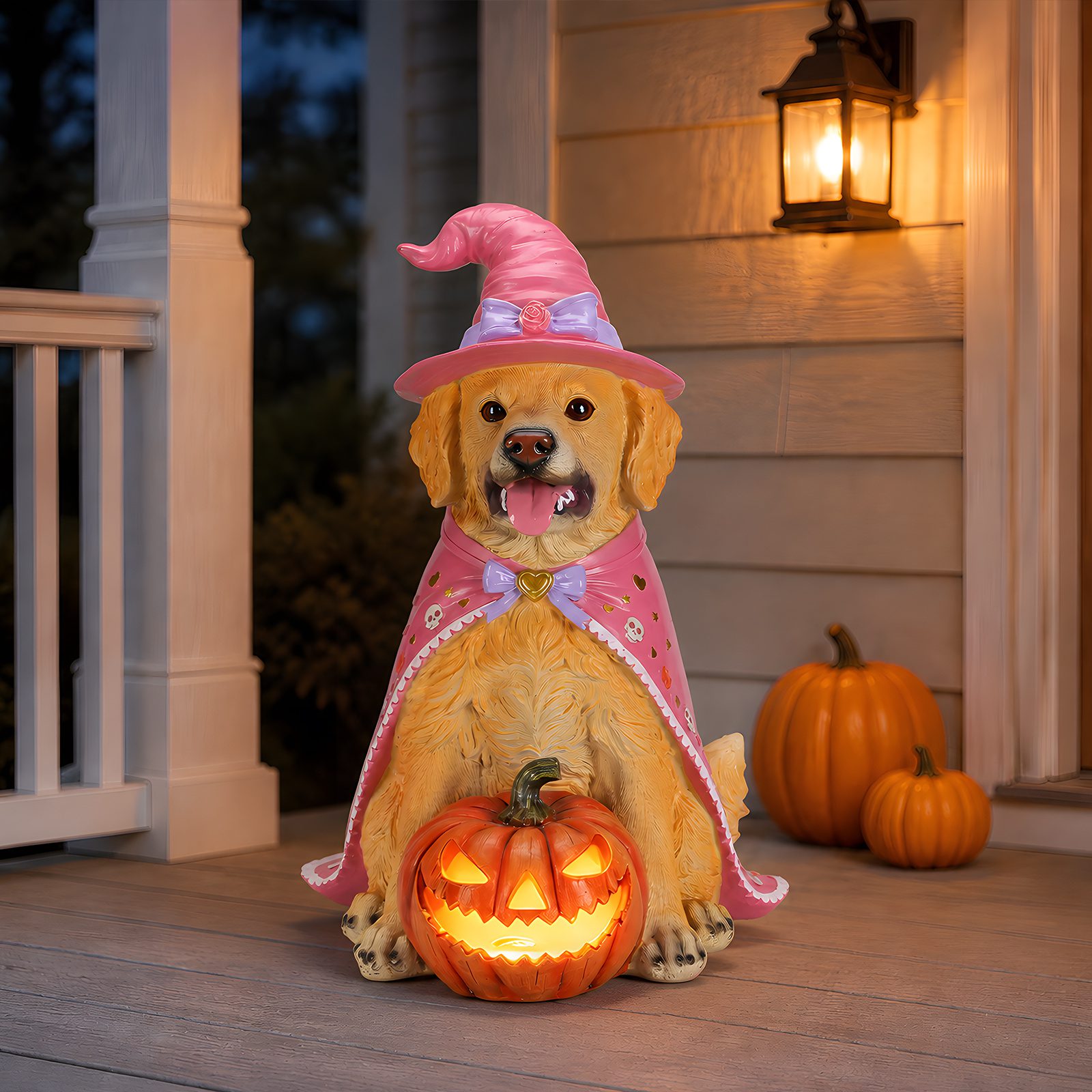 Halloween Golden Retriever Dog Statue, Large Sitting Dog Figurine with Pink Witch Hat & Cape, LED Light Up Jack-O-Lantern Pumpkin - Image 2