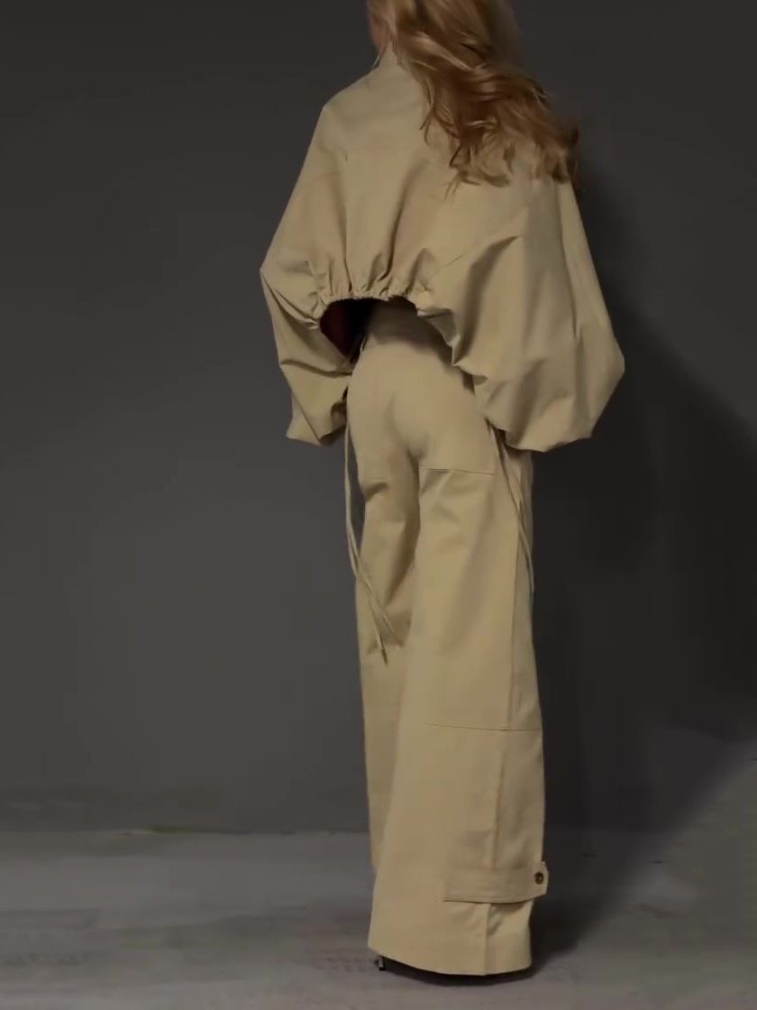 Khaki Stand Collar Puff Sleeve Crop Top & Double Button Wide Leg Cargo Pants Set - Image 3