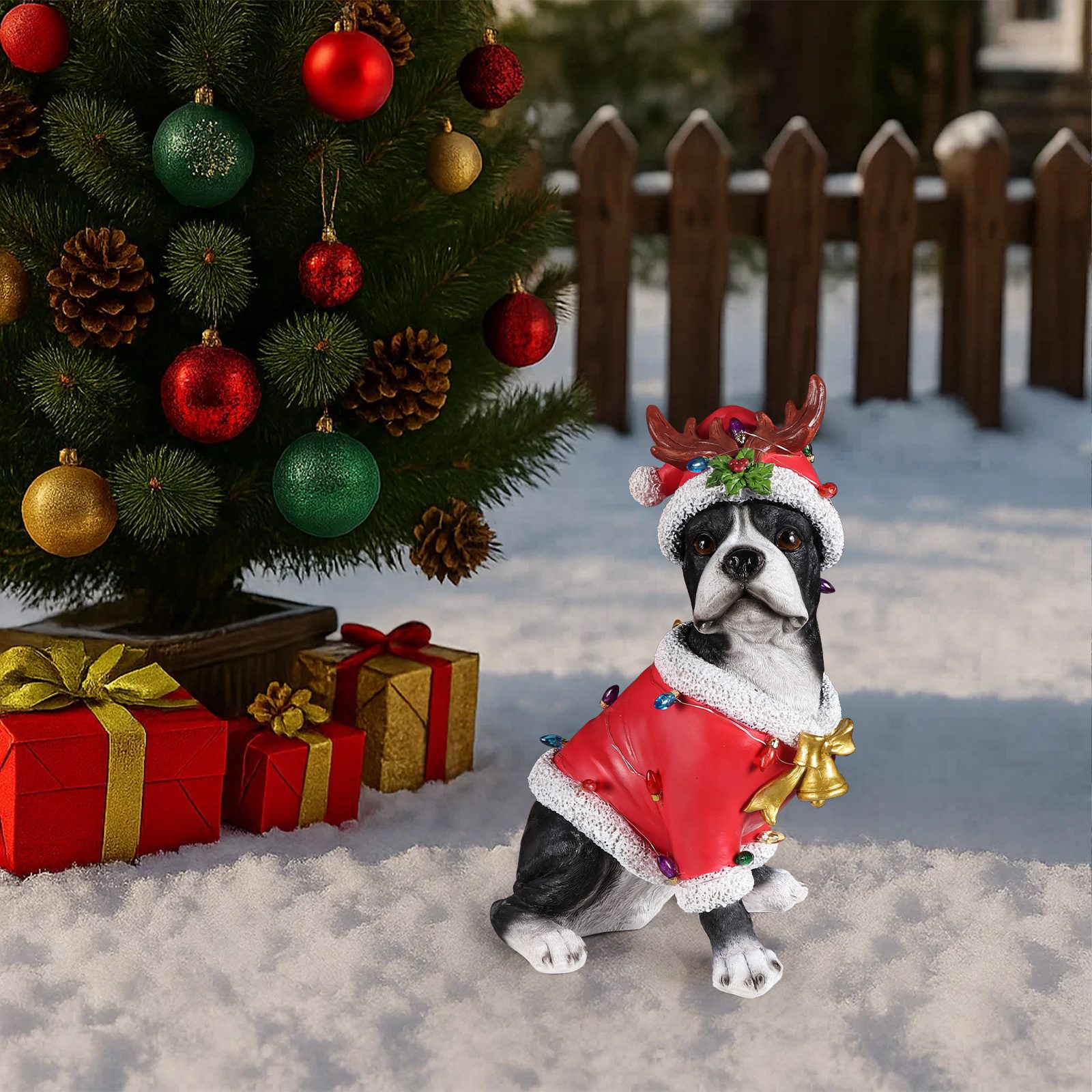 Christmas Boston Terrier Statue, Holiday Dog Figurine in Santa Outfit - Image 10