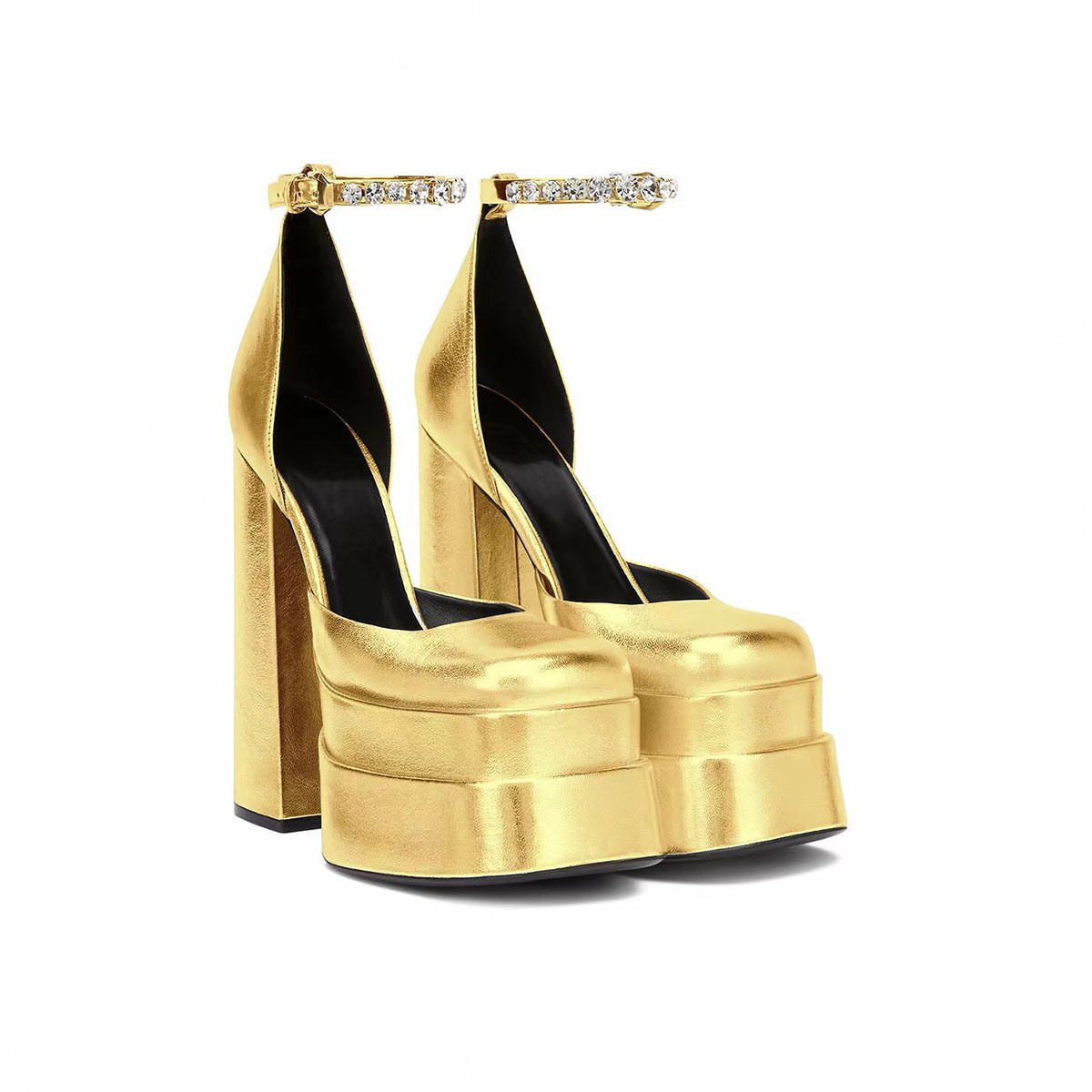 Golden Square Head Hollow Waterproof Platform Buckled Chunky Heel Super High Heel - Image 2
