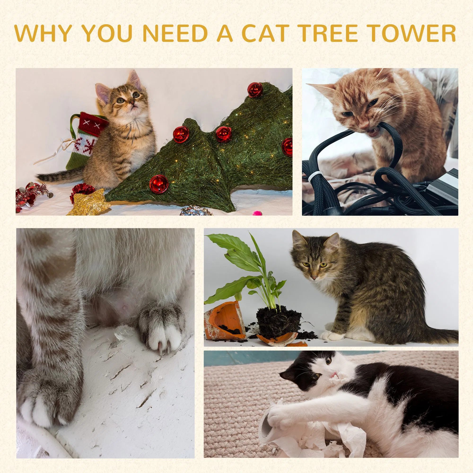 Cat Tree Kitty Tower with Sisal Mat Scratching Post, Cat Bed, Cushion, Perch, 18" x 18" x 36", Grey - Image 6
