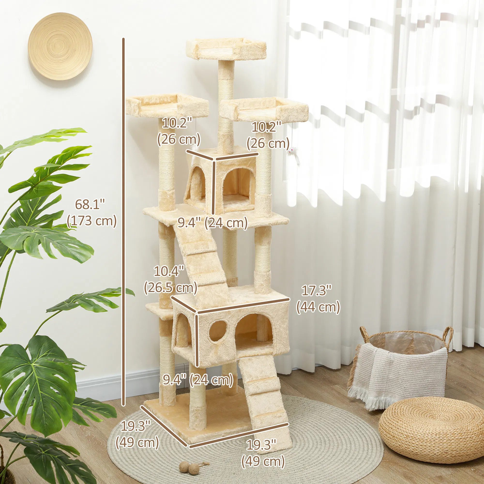 68-inch Multi-Level Cat Scratching Tree Kitty Activity Center Post Tower Condo Pet Furniture w/ Toy Beige - Image 2