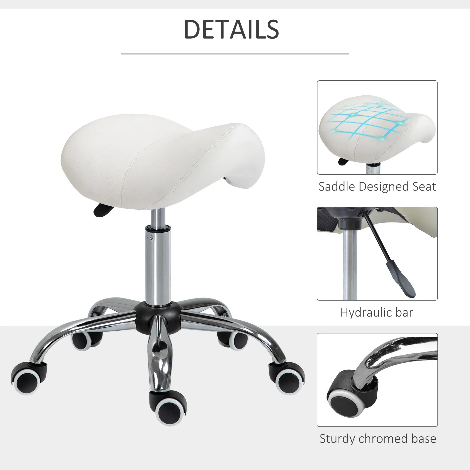 Cream White Rolling Salon Stool: Adjustable Hydraulic Swivel Saddle Chair, PU Leather Spa Beauty Seat - Image 4