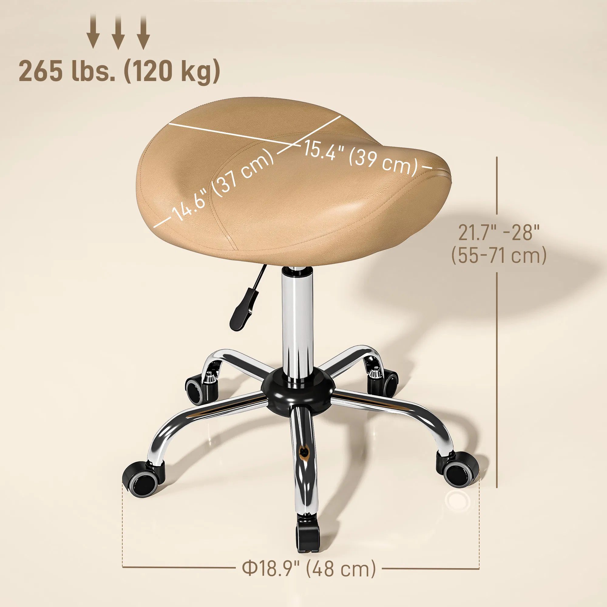 Saddle Stool, Height Adjustable Rolling Salon Chair with PU Leather for Massage, Spa, Clinic, Beauty and Tattoo, Brown - Image 2