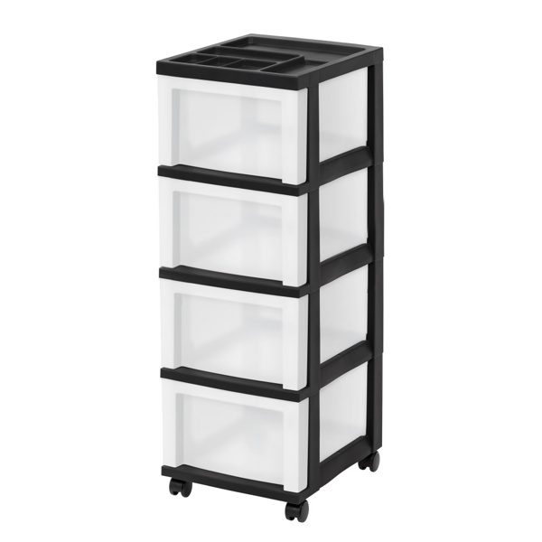 4-Drawer Narrow Plastic Storage Drawer Cart With Organizer Top, Black - Image 2