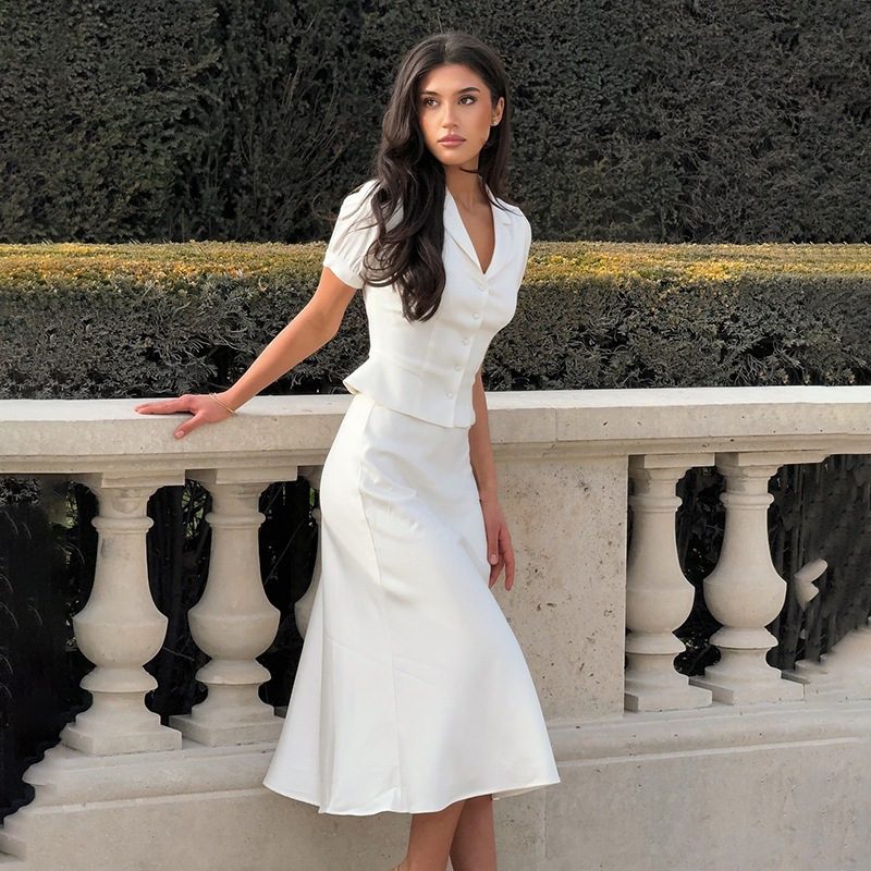 Summer Workwear Short-Sleeve Shirt Elegant Silk-Like Skirt Premium Suit - Image 2