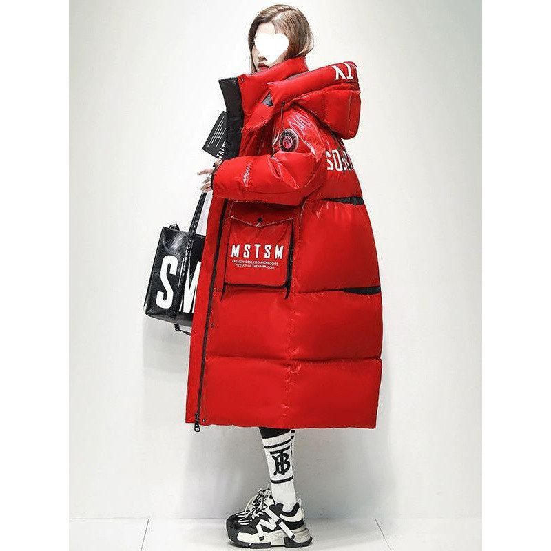 Womens Winter Loose Western-Style Over-the-Knee Long Thermal Patchwork Down Jacket - Image 5