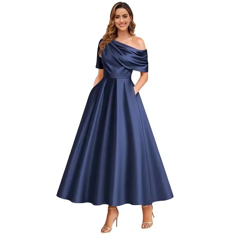New Elegant And Sophisticated Satin Off-Shoulder Solid Color Dress - Image 3